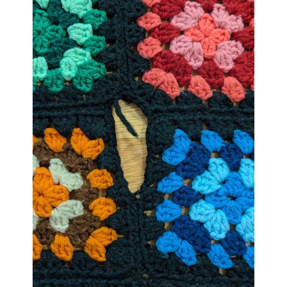 VTG Granny Square Roseanne Afghan Crochet Multicolor Blanket Throw Colorful READ